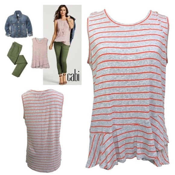 CAbi #5331 Gray Orange Striped Sleeveless Ruffle Peplum Tank Top Size Small - Picture 1 of 6